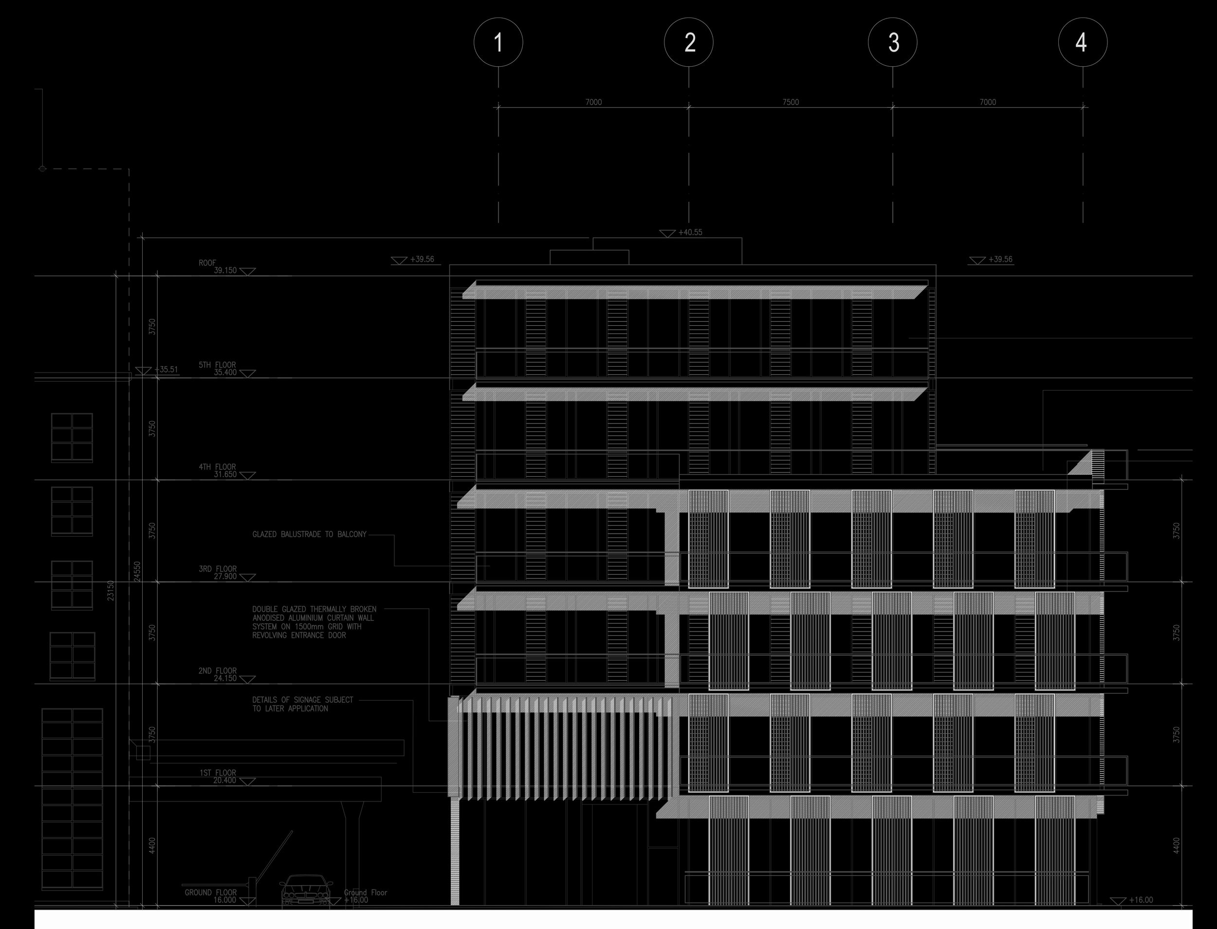 Architectural blueprint of a multi-story building with detailed measurements and annotations.