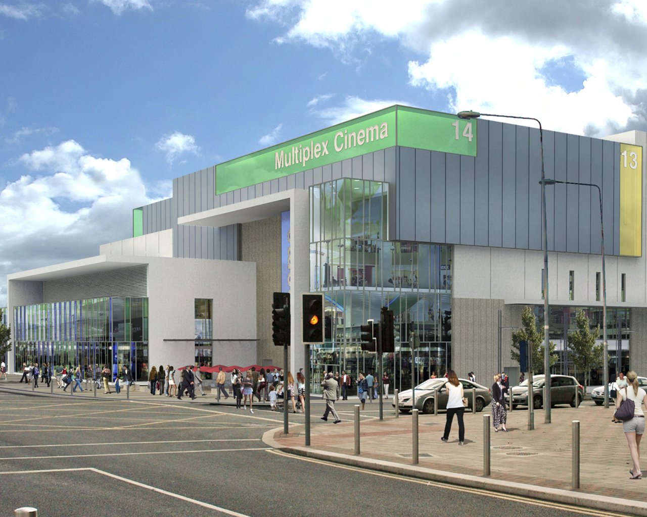 A busy street scene in front of a modern multiplex cinema building with a green sign reading 'Multiplex Cinema' and the numbers 13 and 14. There are numerous pedestrians walking, some waiting at crosswalks, and cars parked along the street. The building has large glass windows and a sleek, contemporary design.