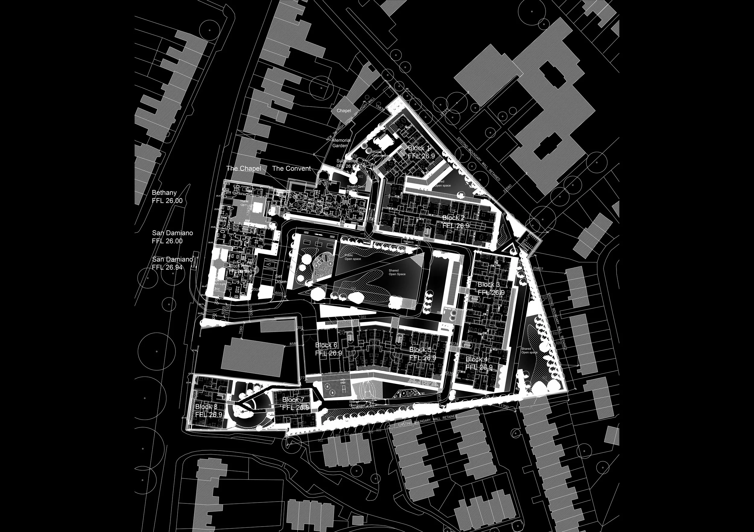 Black and white architectural site plan of a residential or commercial complex with labeled blocks, green spaces, pathways, and surrounding streets.