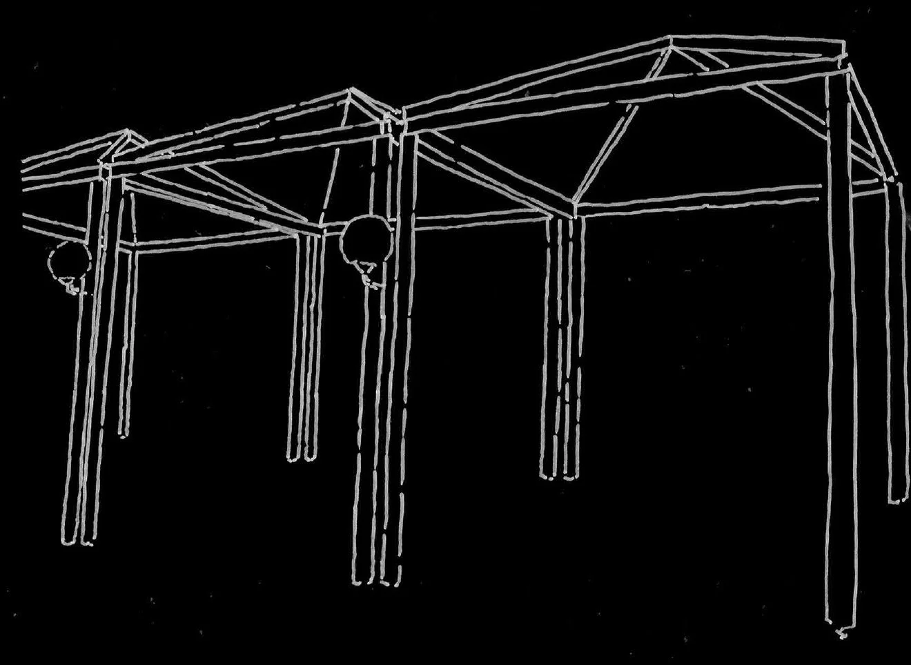 Line drawing of a pergola with a sloped roof, columns, and hanging lamps against a black background.