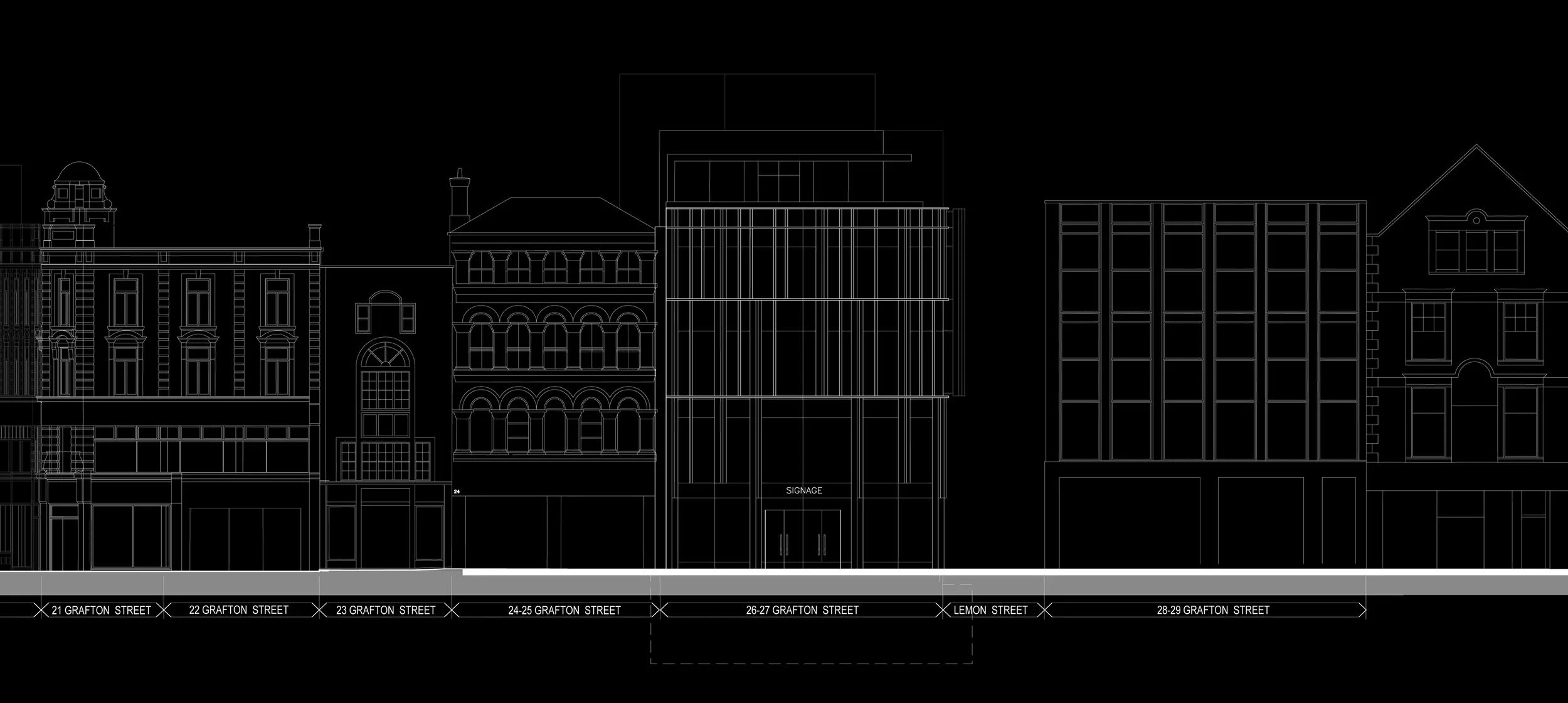 Architectural blueprint of a city block showing various building facades along Grafton and Lemon Streets.