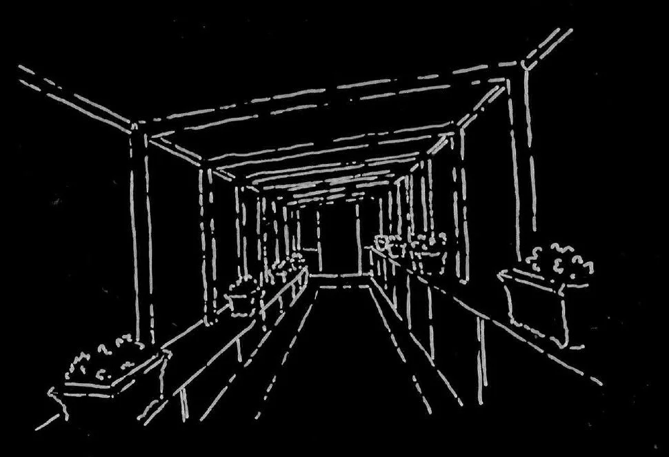 A black and white line drawing of a long corridor or hallway with tables and potted plants along the sides.