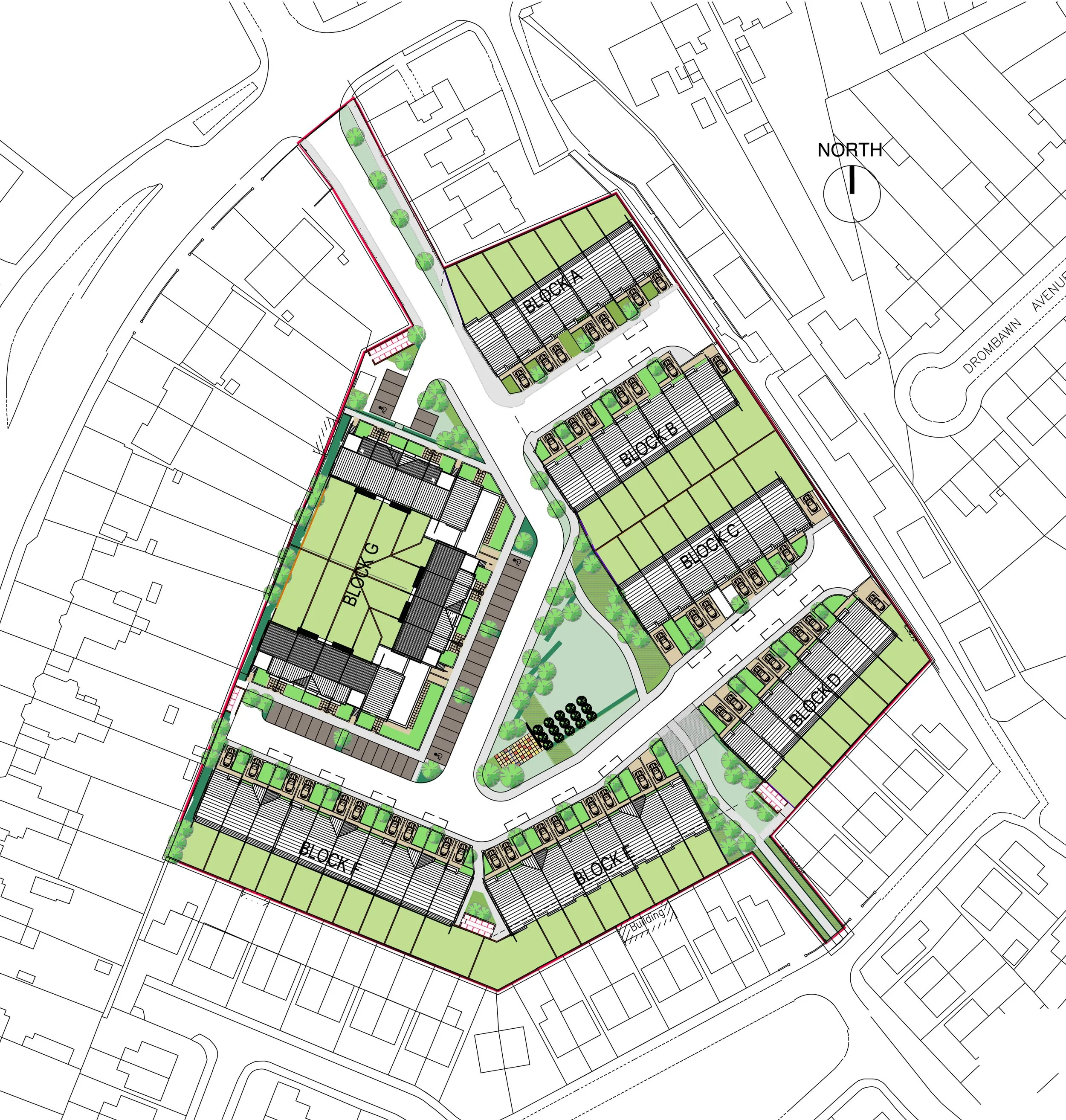 Architectural site plan of a residential complex with multiple blocks, parking spaces, landscaped areas, and pathways, oriented with north at the top.