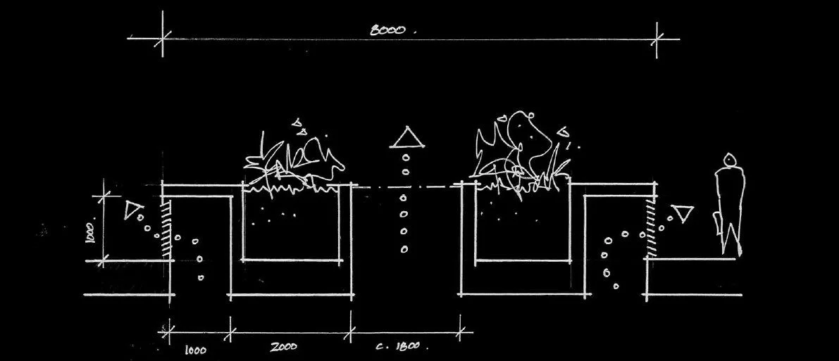 A technical blueprint drawing on a black background showing rectangular tanks with animals and a human figure, with measurements and construction details.
