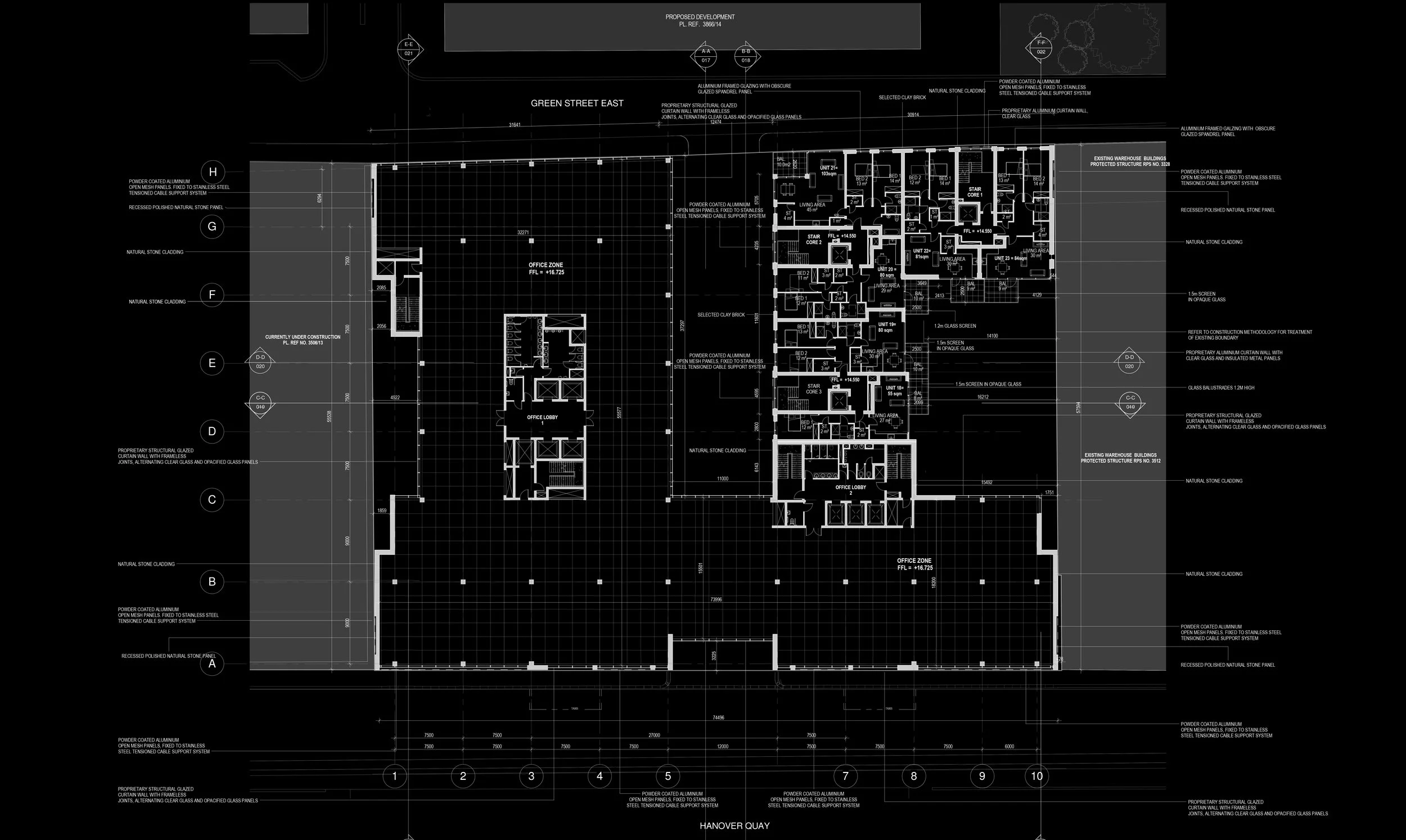 Architectural blueprint of a building layout with detailed annotations, room labels, and structural elements, displayed on a black background with white lines and text.