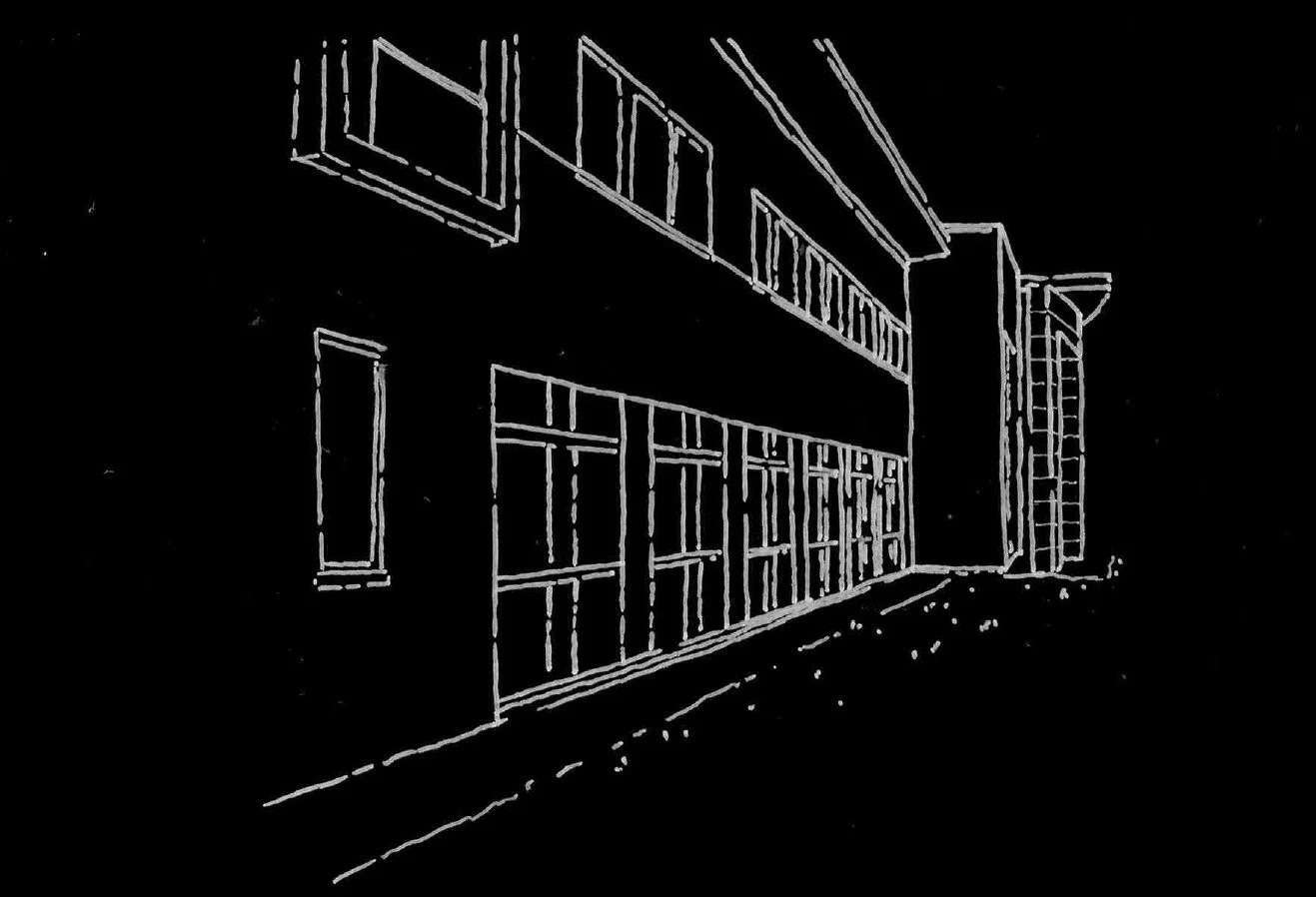 Line drawing of a multi-story building with windows and a ladder on the right side against a black background.