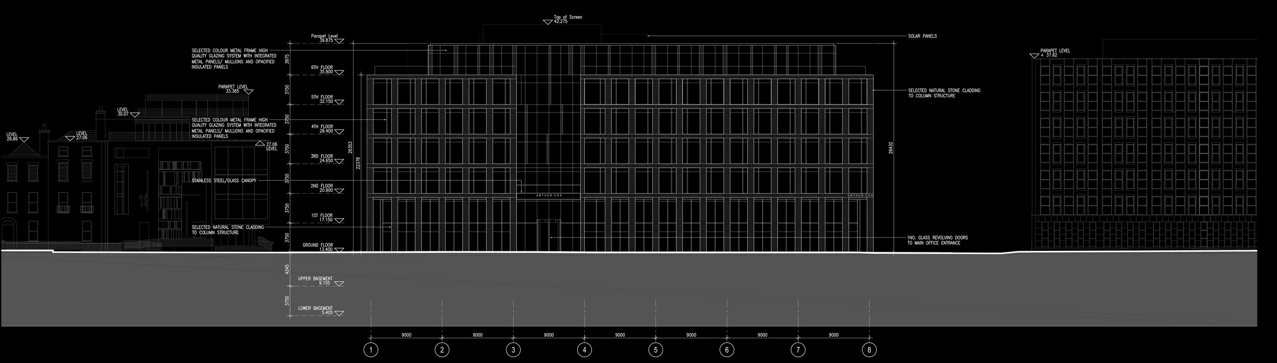 Architectural blueprint of a multi-story building with detailed measurements, labels for floors, walls, solar panels, and window placements.