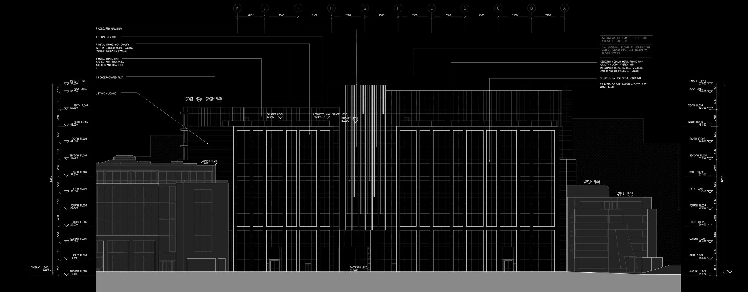 Architectural blueprint of a multi-story building showing heights and design details with annotations and labels.