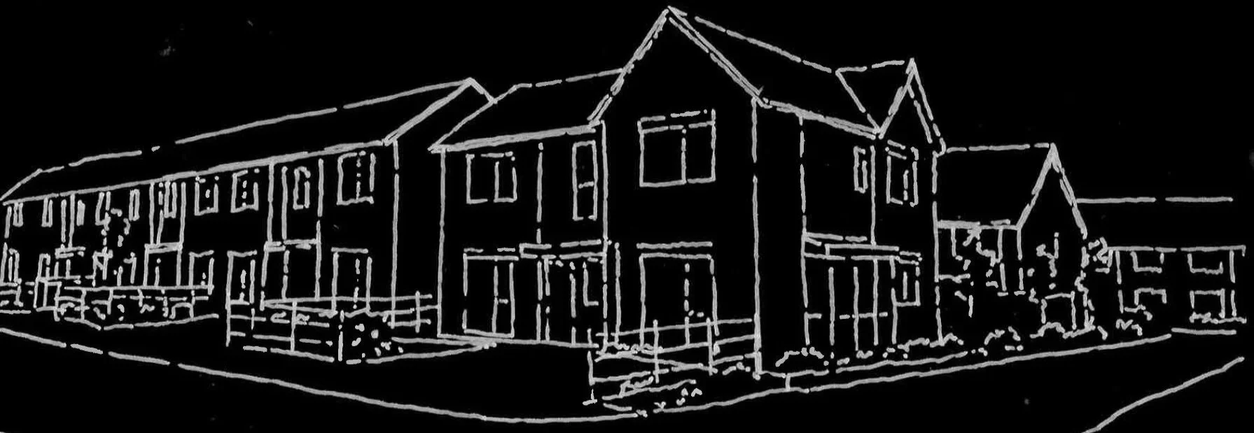 Line drawing of a multi-story building complex on black background.