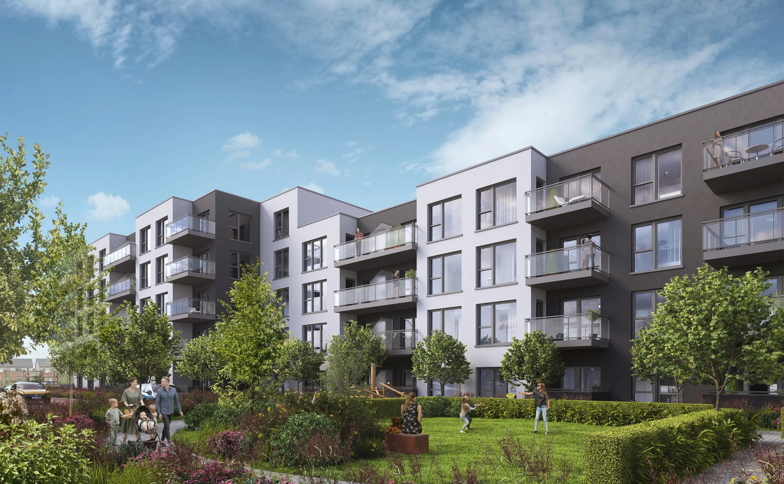 Modern multi-story apartment building with balconies, surrounded by green trees and landscaped yard with families and children playing outside.
