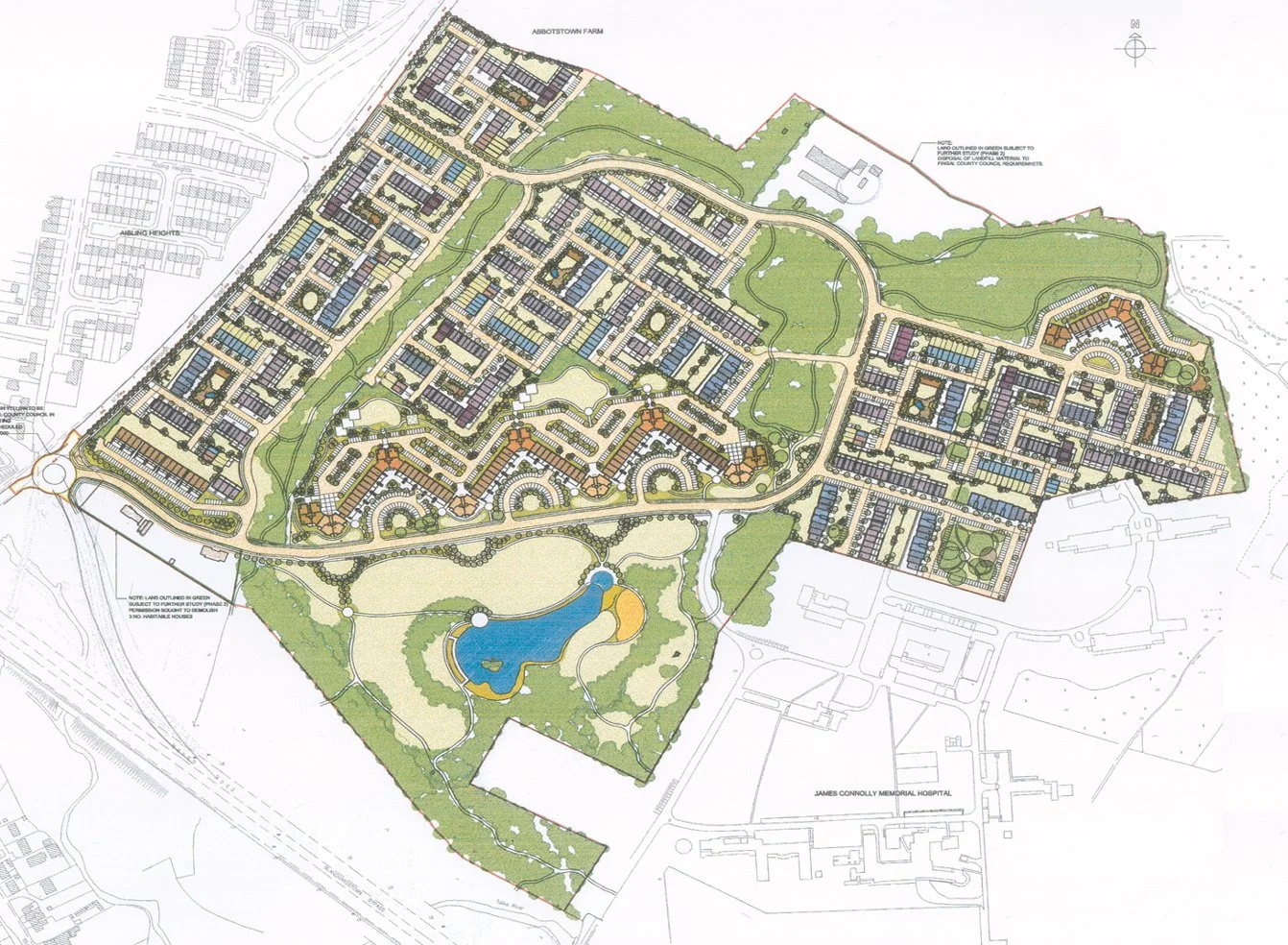 A detailed city masterplanning map showing residential neighborhoods, green spaces, ponds, and nearby landmarks.