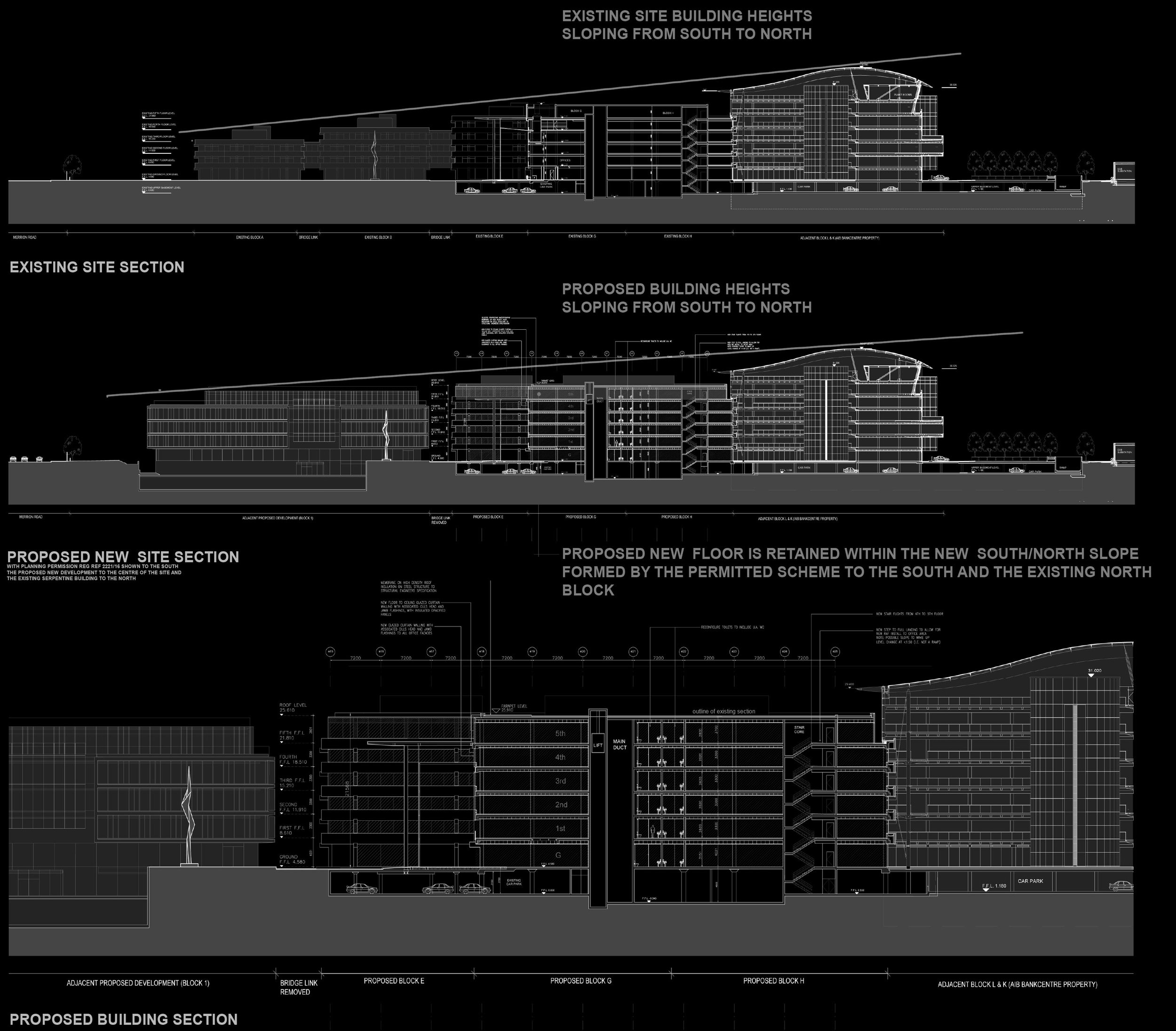 Architectural blueprint showing existing and proposed building sections with height variations and slope from south to north.