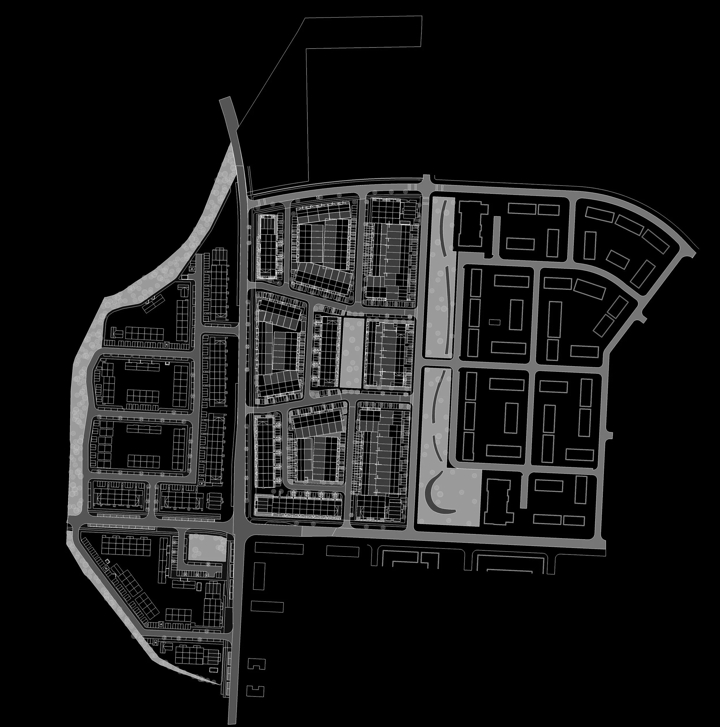 Black and white map of a city layout with streets, blocks, and buildings.