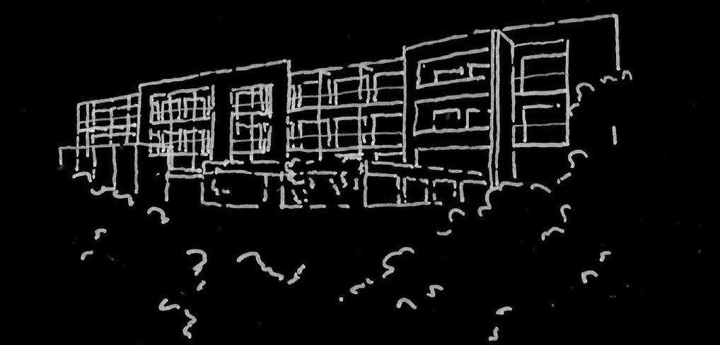 Line drawing of a modern multi-story building with large windows on a black background.