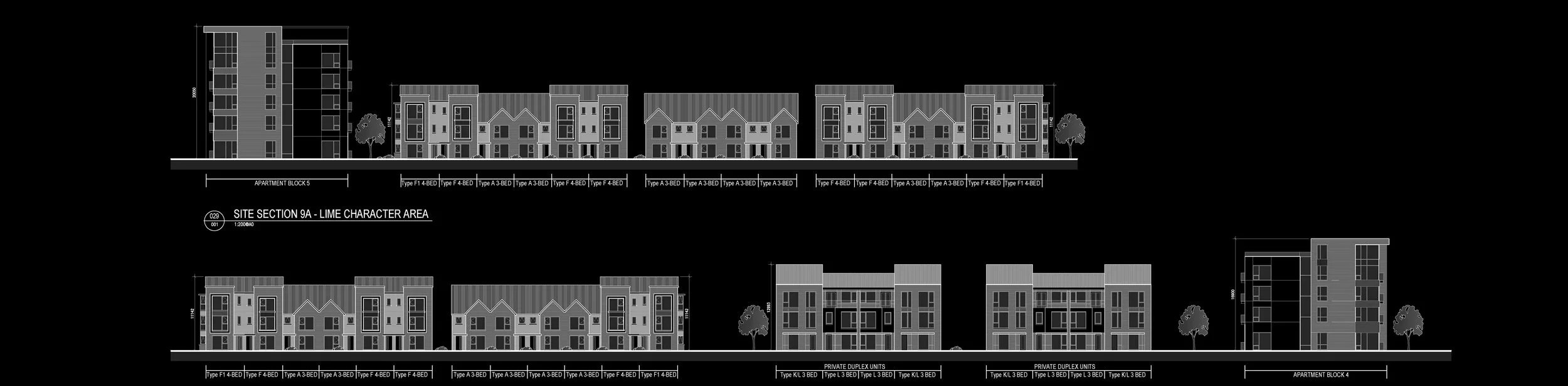 Architectural blueprint of a residential apartment complex with different building layouts and trees.
