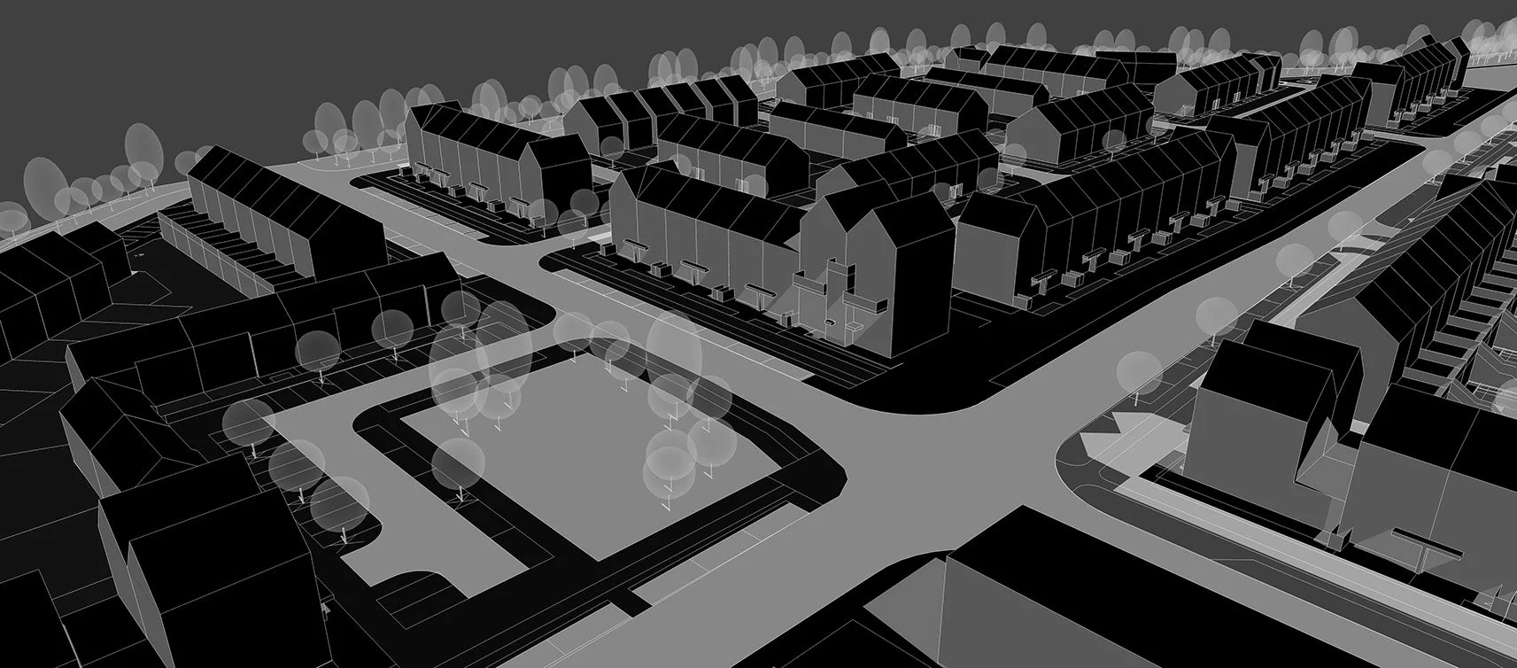 A black and white digital rendering of a neighborhood with residential buildings, a park with trees, and streets. The houses have pitched roofs, and the park area has several evenly spaced trees and a pathway.