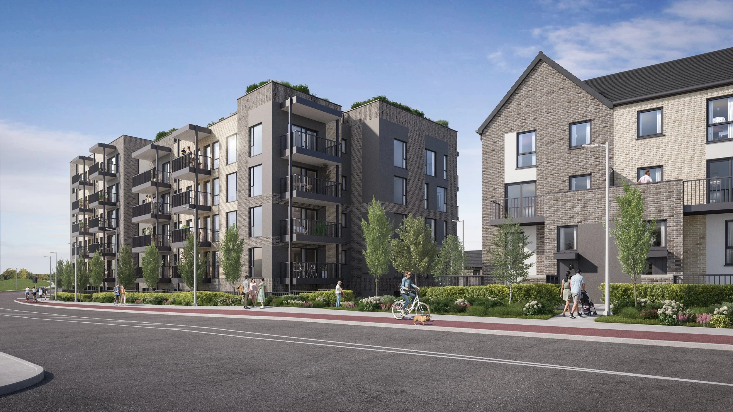 Modern multi-story apartment buildings with brick and gray exterior, balconies, trees, people walking and biking, street lamps, and landscaped sidewalk.