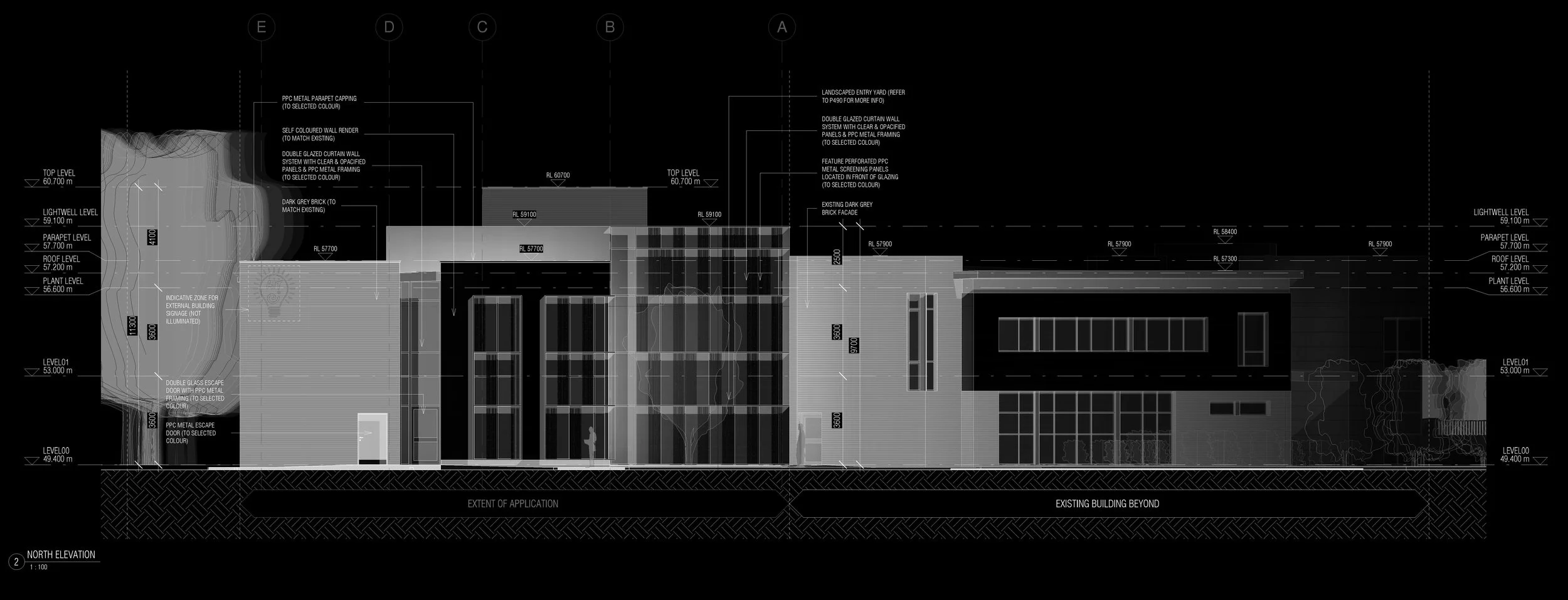 Architectural blueprint of a building's north elevation, showing various structural elements and measurements.