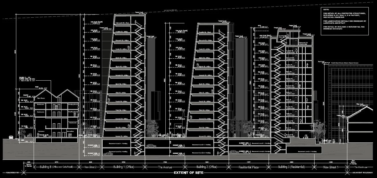Architectural blueprint of a multi-building urban development, including office, residential, and retail structures, with labeled sections and measurements.