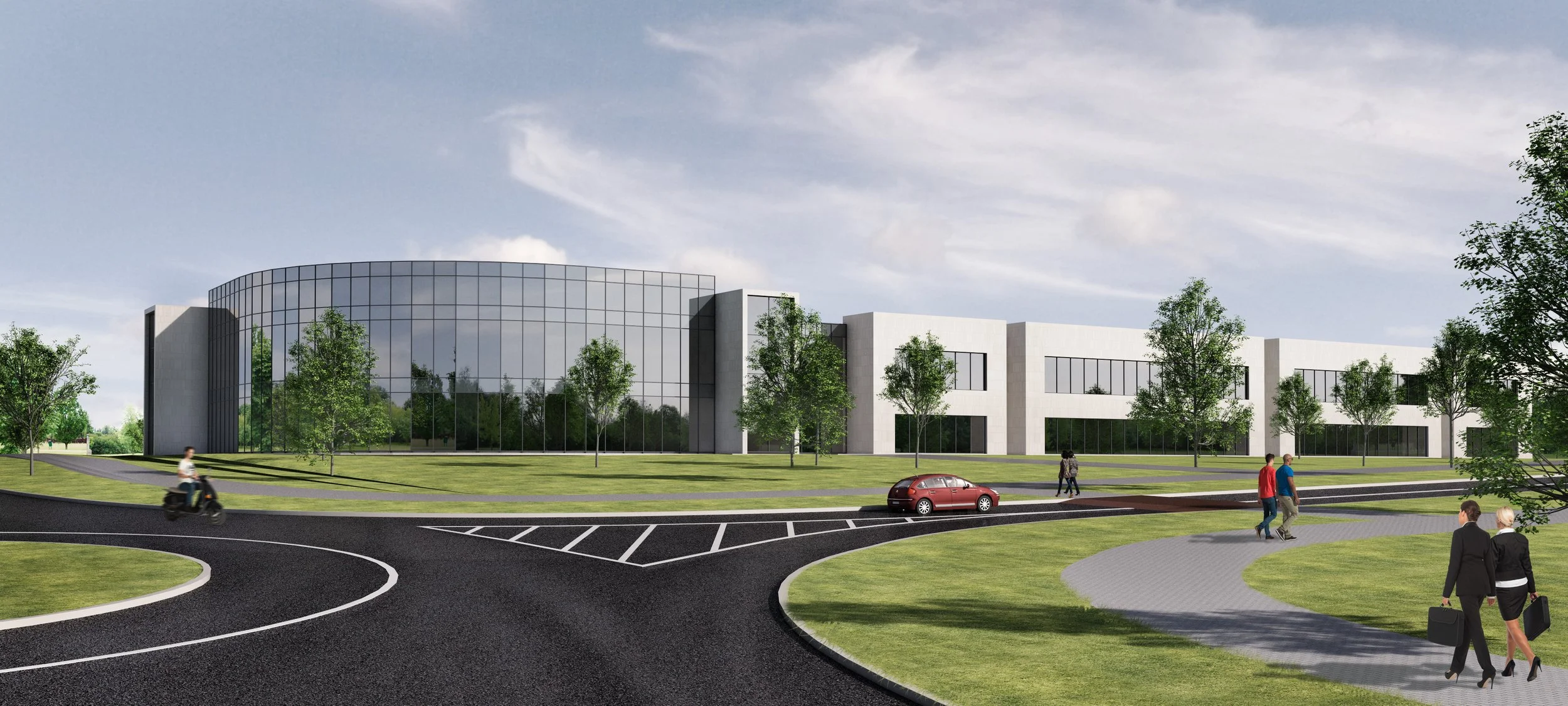 A modern office building with a curved glass front and white exterior walls, surrounded by a landscaped area with trees. People are walking on the sidewalk, a person is riding a scooter, and a red car is parked in front. The sky is partly cloudy.