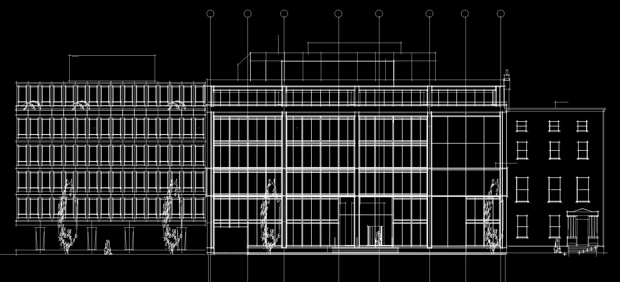Blueprint sketch of a modern multi-story building with glass windows, trees, and people walking in front.