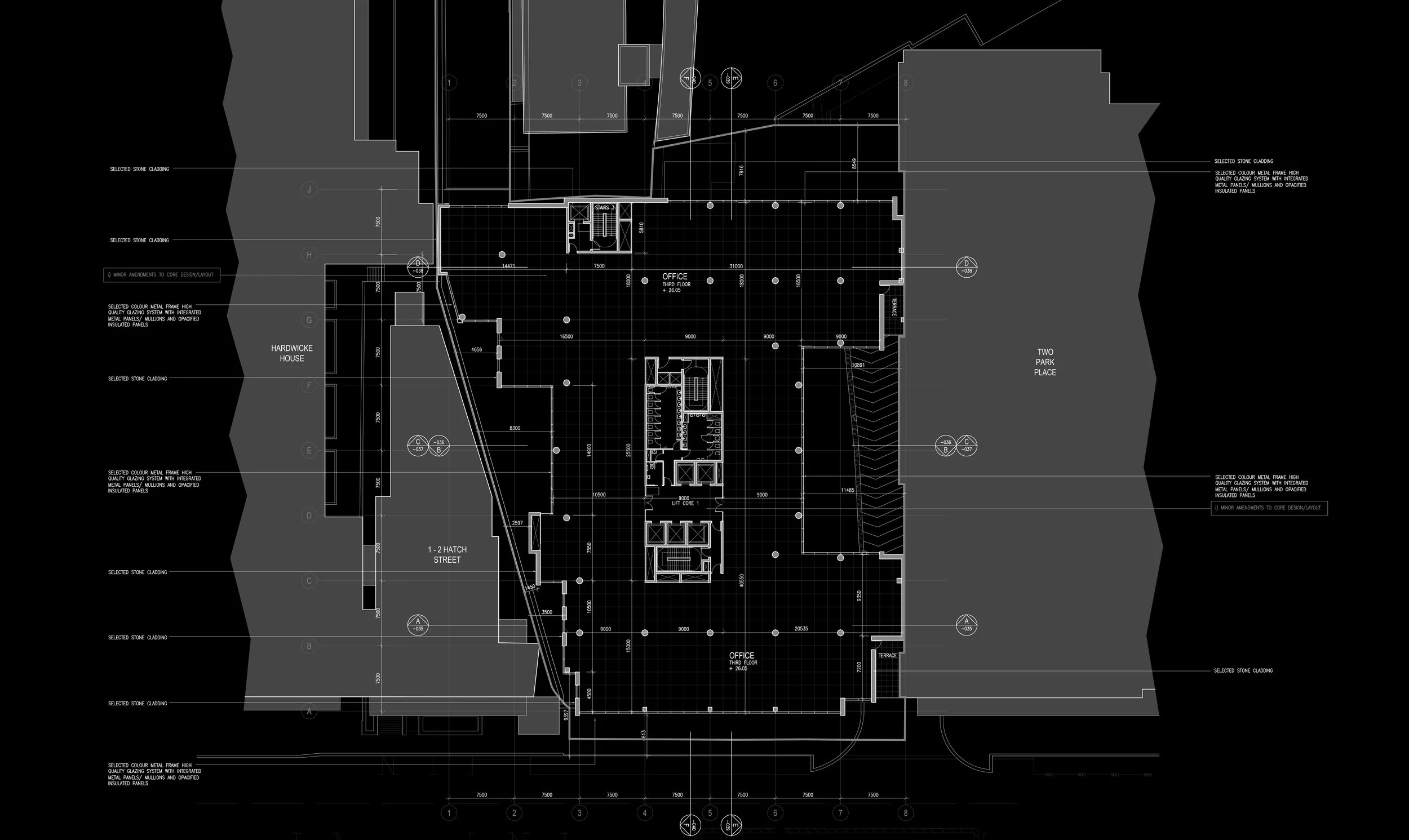 Architectural blueprint of a building floor plan, showing office spaces, staircases, and surrounding landscape features labeled with measurements and notes.