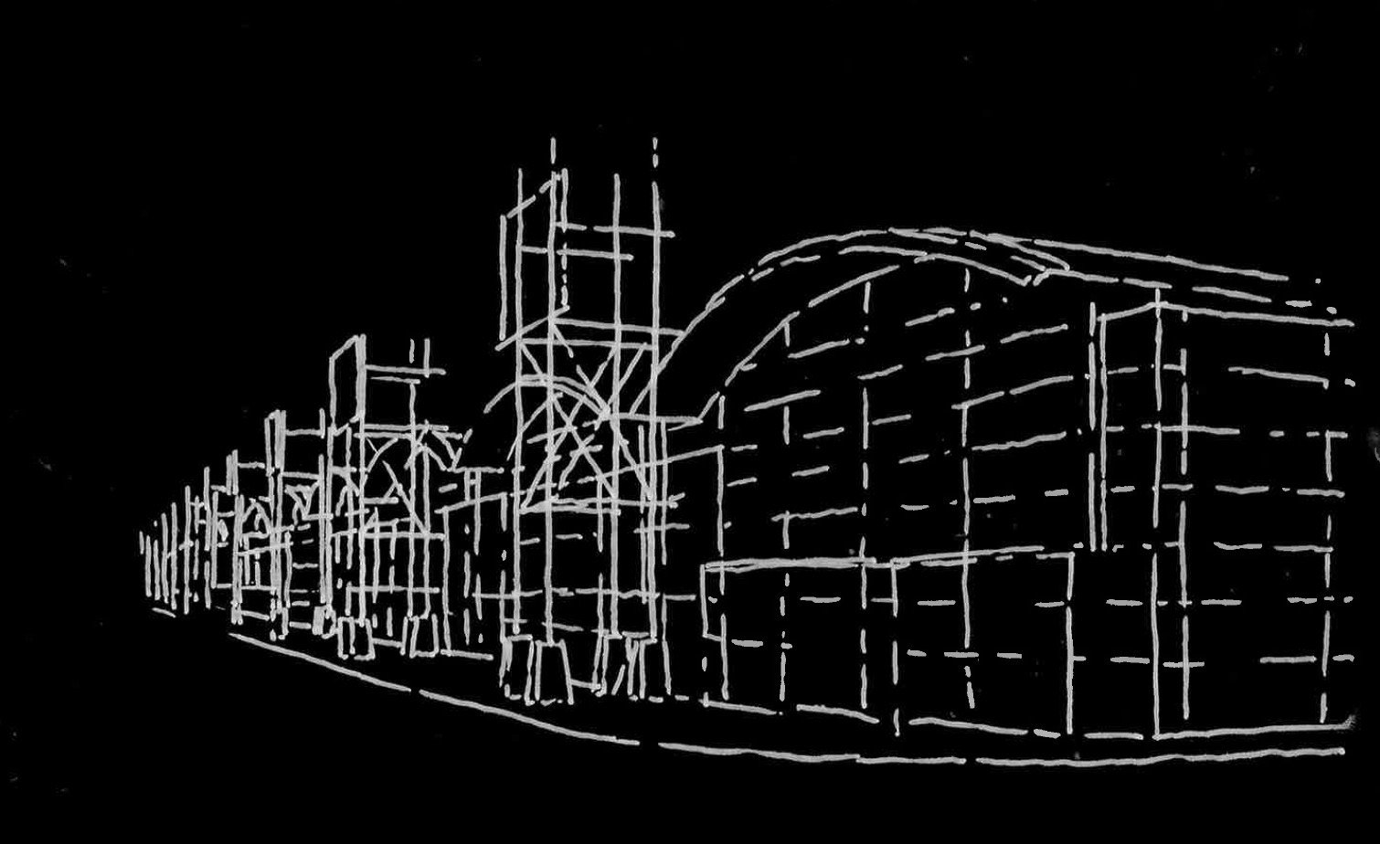 Architectural blueprint sketch of a building with curved roof design, white lines on black background.