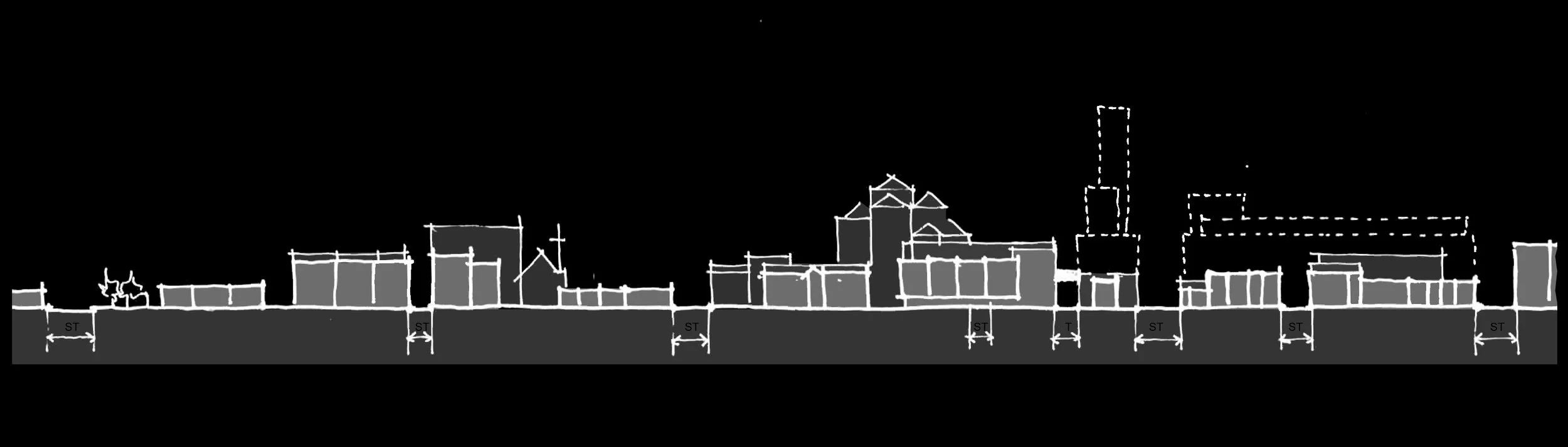 Black and white architectural blueprint or sketch showing city skyline with various building outlines and measurements labeled.