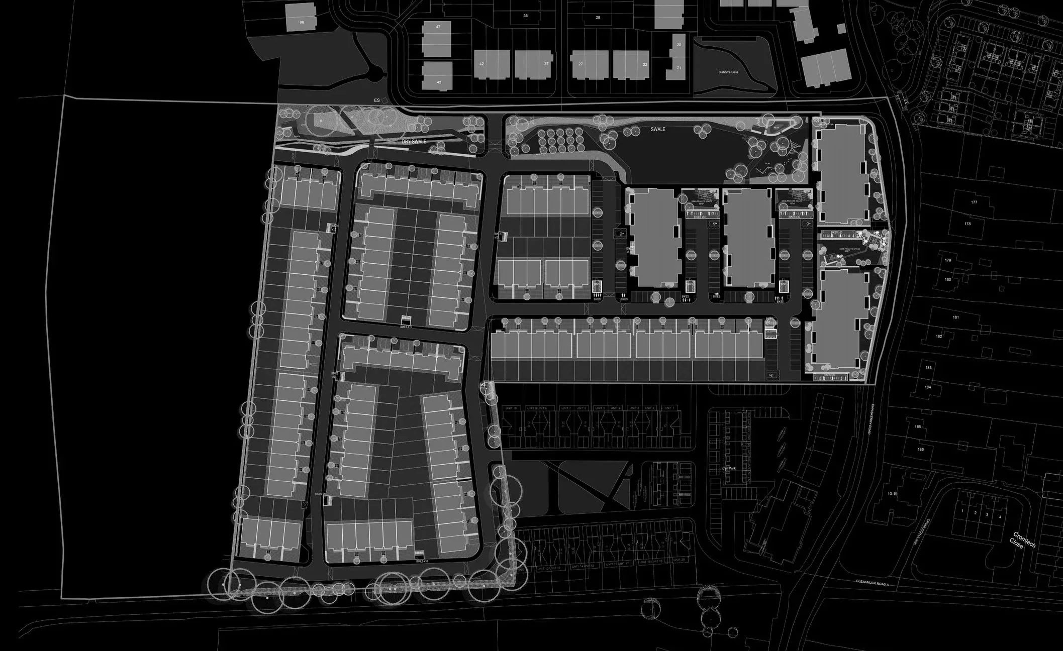 A black-and-white architectural site plan of a residential complex, showing building layouts, parking areas, roads, and landscaping elements.
