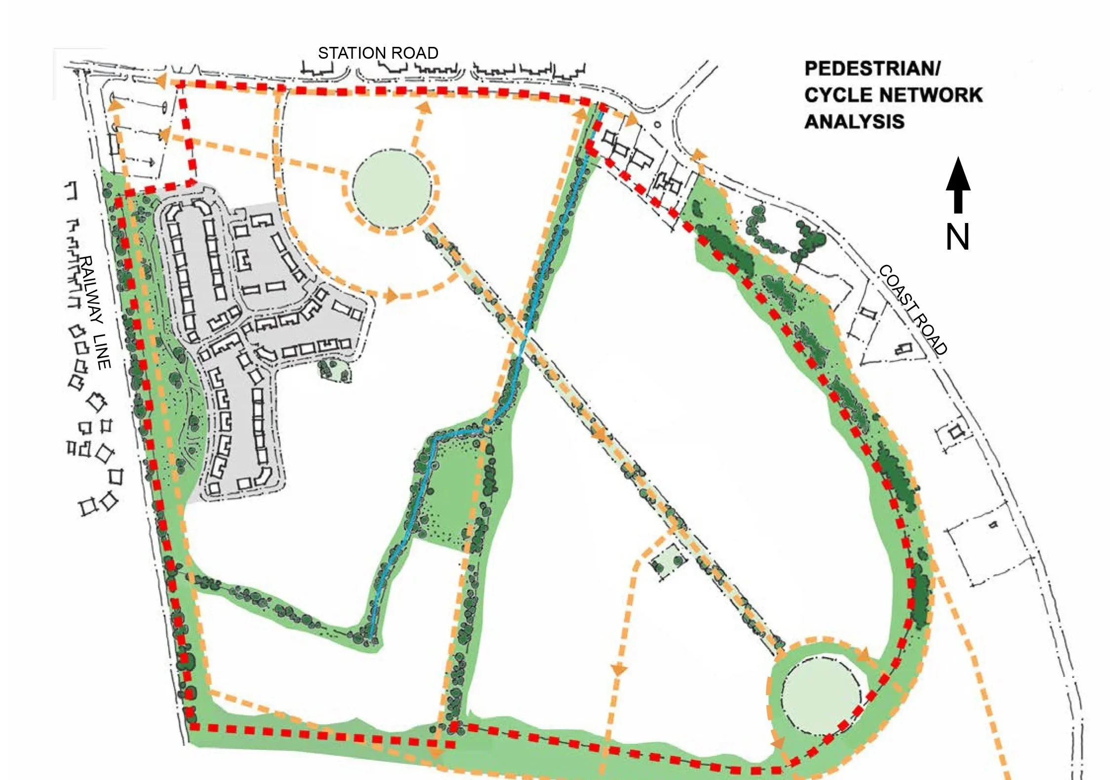 A map illustrating a pedestrian and cycle network analysis, showing streets, paths, green spaces, and pathways in an urban area, with directional indicators and land features.