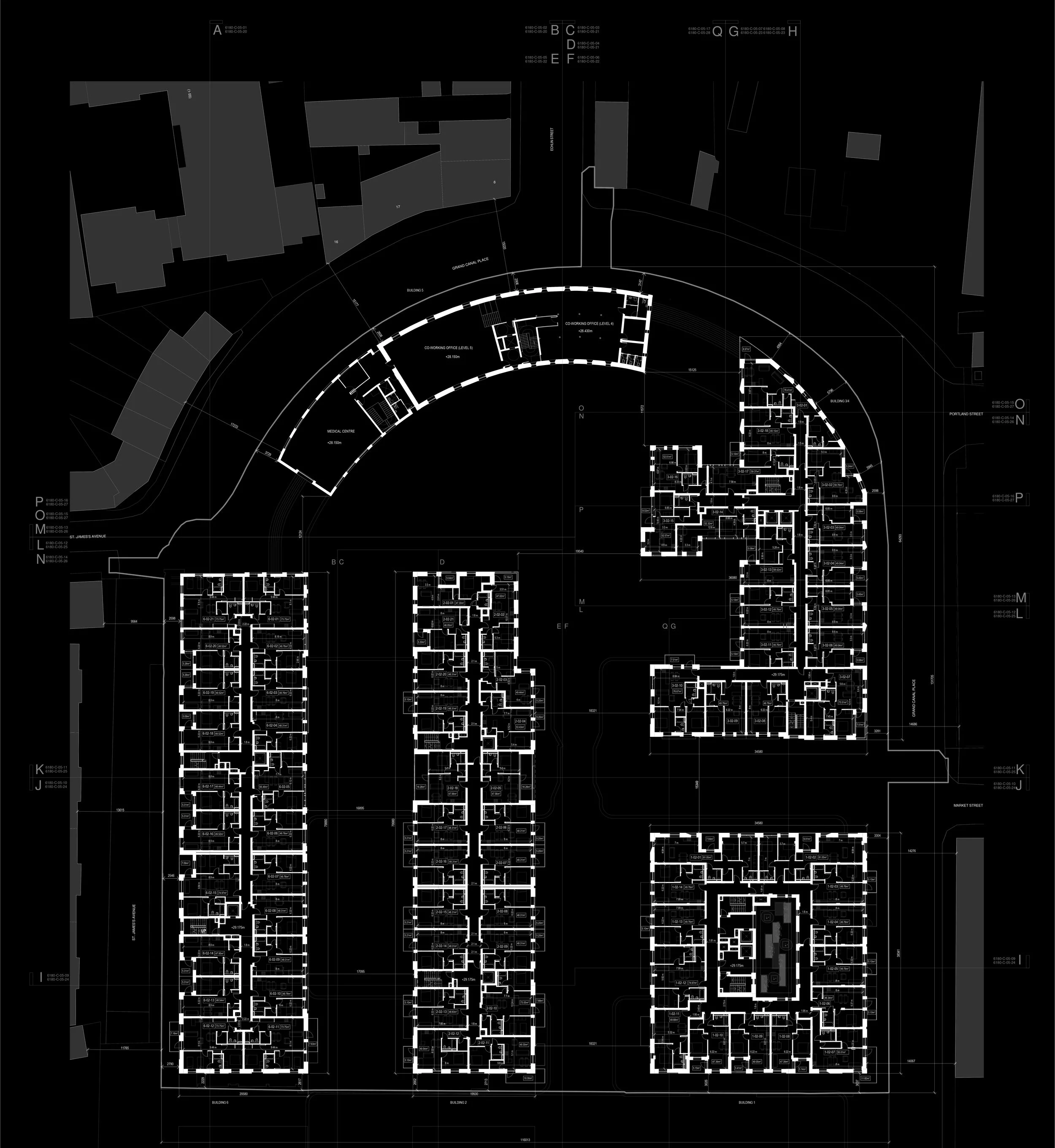 Architectural blueprint of a building complex with detailed floor plans for multiple buildings, including offices, medical center, and residential units, all depicted in white lines on a black background.