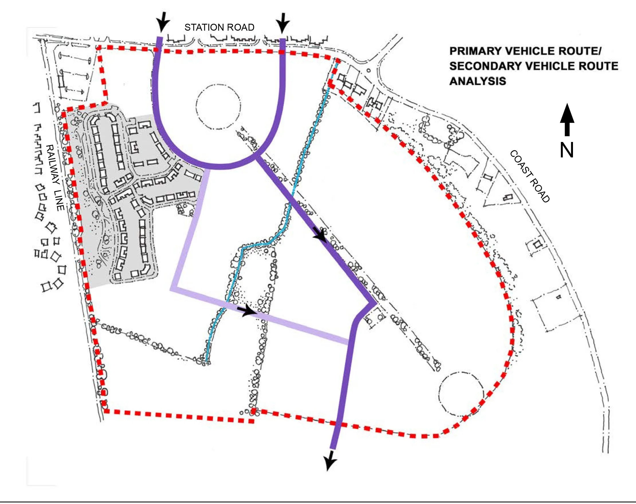 A map showing primary and secondary vehicle routes analysis around a neighborhood, with color-coded roads, water features, and labeled landmarks.