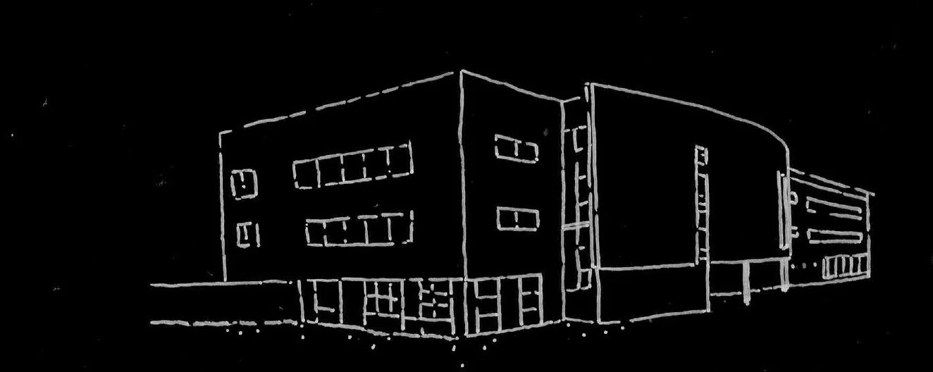 Line drawing of a modern multi-story building with multiple windows and a curved facade on the right side.