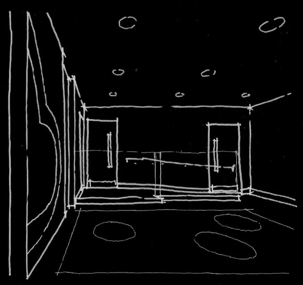 Sketch of an interior room with a door on the left, two windows on the far wall, three circular rugs on the floor, and floating objects in the ceiling.