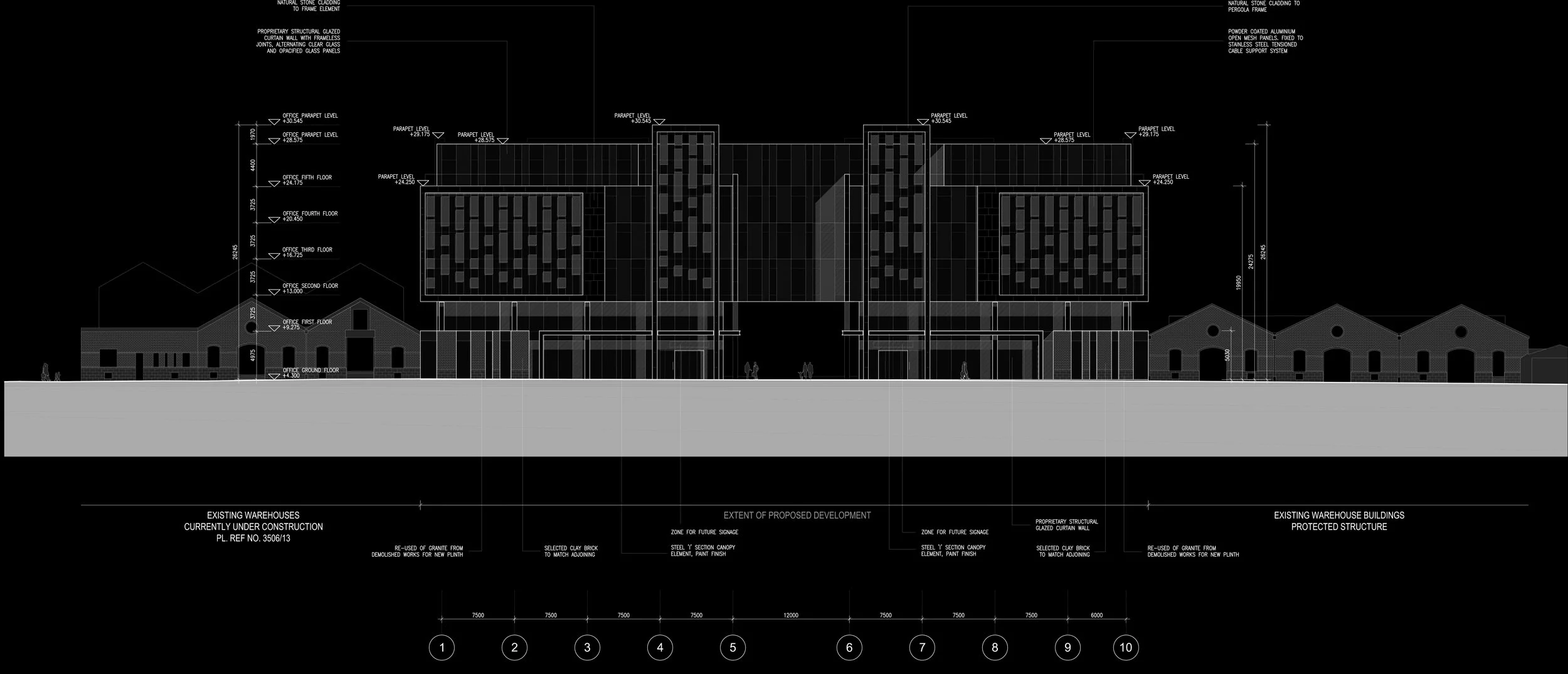Architectural blueprint of a building with multiple floors, including existing warehouse structures and a proposed development zone, with detailed measurements and annotations.