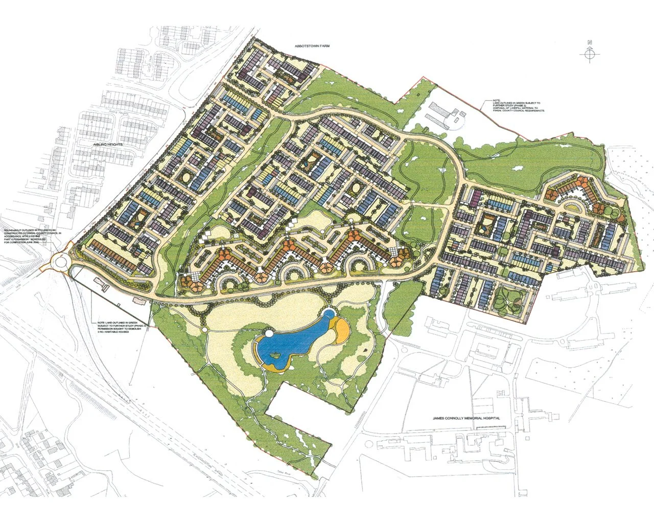 Masterplan of a residential community with multiple housing developments, green spaces, a pond, and surrounding roads.
