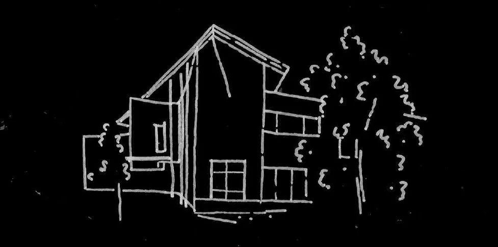 Line drawing of a modern house with multiple levels, balconies, and large windows, surrounded by trees.