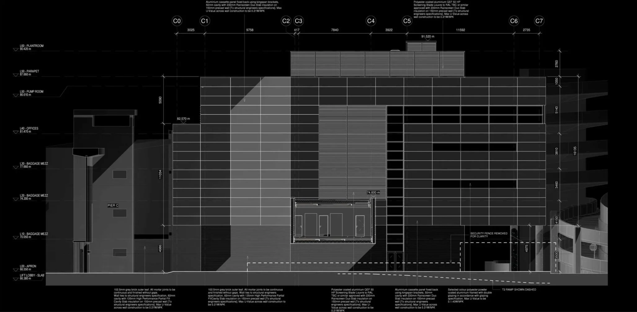 Architectural blueprint of a building facade with detailed measurements, labels for different sections like offices, baggage areas, and the lobby, and technical notes about materials and construction specifications.