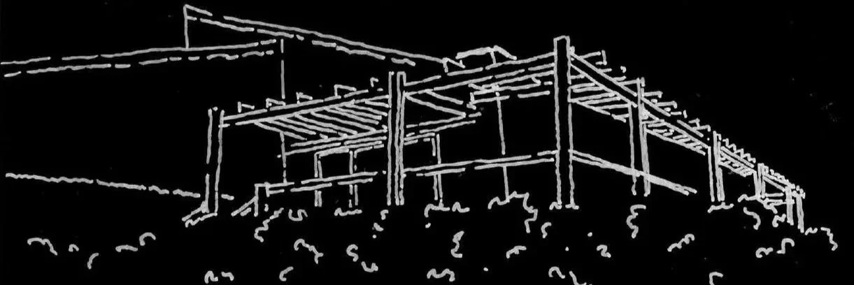 Sketch of an unfinished building or construction site with scaffolding and support beams.