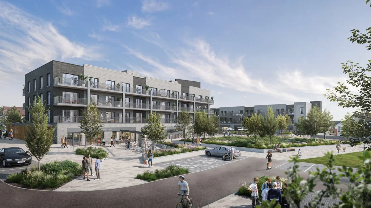 A modern multi-story residential complex with a parking lot and landscaped courtyard, featuring people walking, sitting, biking, and socializing outdoors.