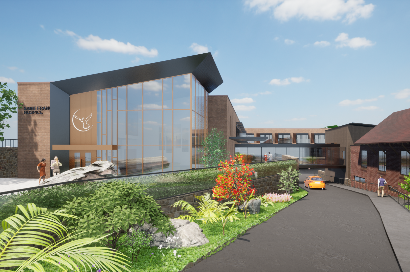 Render of Saint Francis Hospice building with glass facade, landscaped garden, parked orange car, and people walking under a blue sky with clouds.