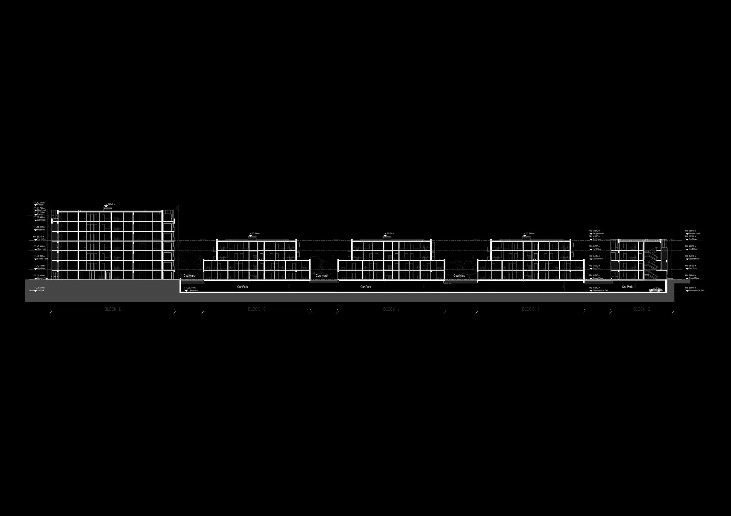 Architectural blueprint of a multi-building residential complex with labeled blocks, courtyards, car parks, and a staircase, in white lines on a black background.