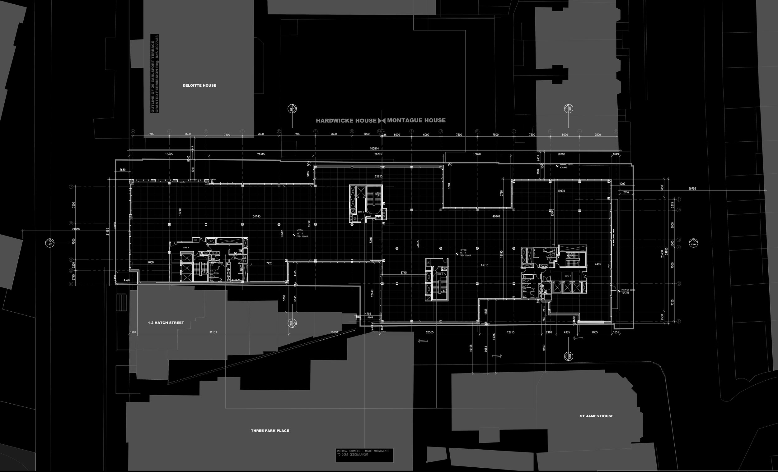 Architectural blueprint of a building site showing interior layout, surrounding streets, and neighboring buildings labeled 'Deloitte House,' 'Hardwicke House,' and 'Montague House' with measurements and design notes.