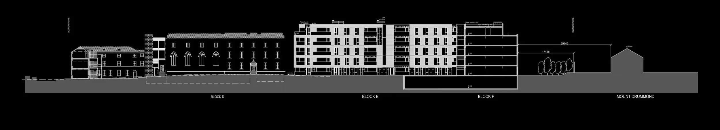 Architectural blueprint of a multi-building complex with labeled blocks D, E, F, and Mount Drummond, showing building outlines and measurements.
