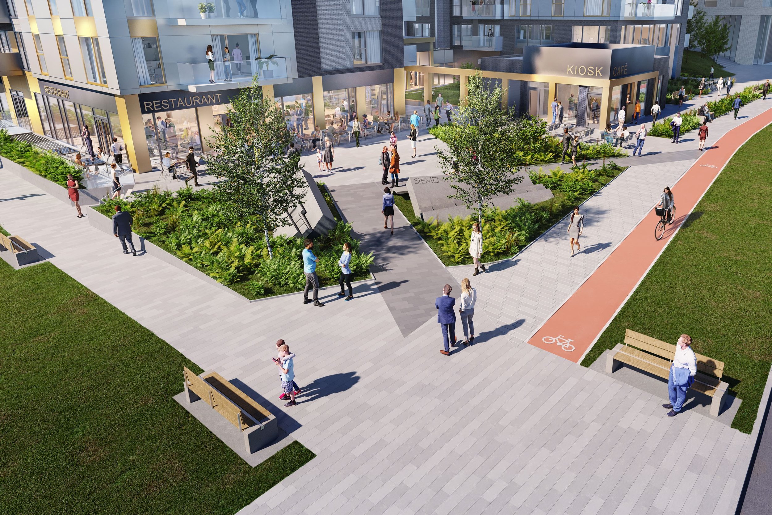 A modern urban plaza with people walking, sitting on benches, and cycling. The area has a landscaped garden, a restaurant with outdoor seating, and a kiosk. The buildings are multi-story with large windows and balconies.