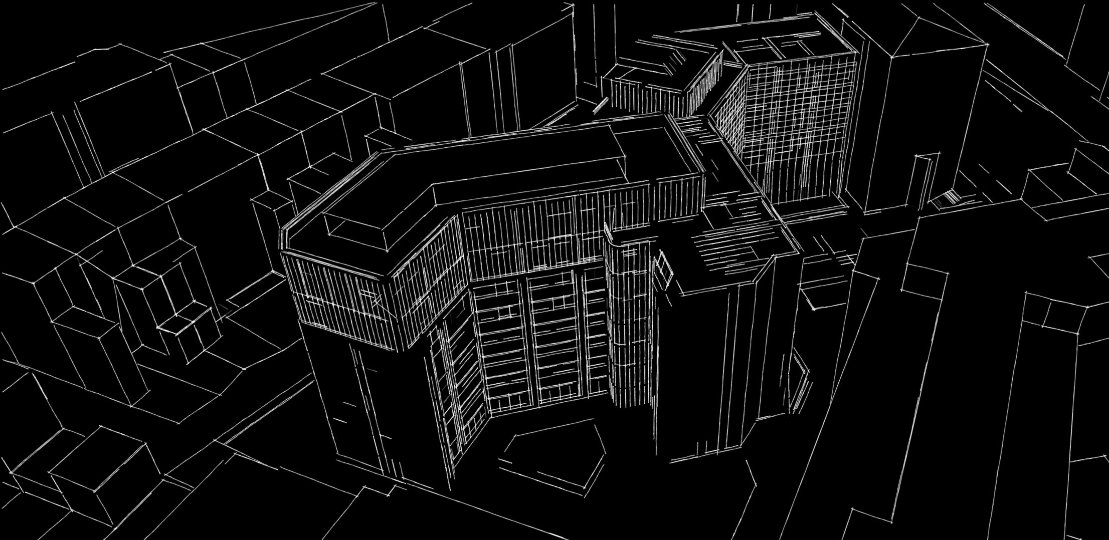Wireframe model of a modern high-rise building in a city.