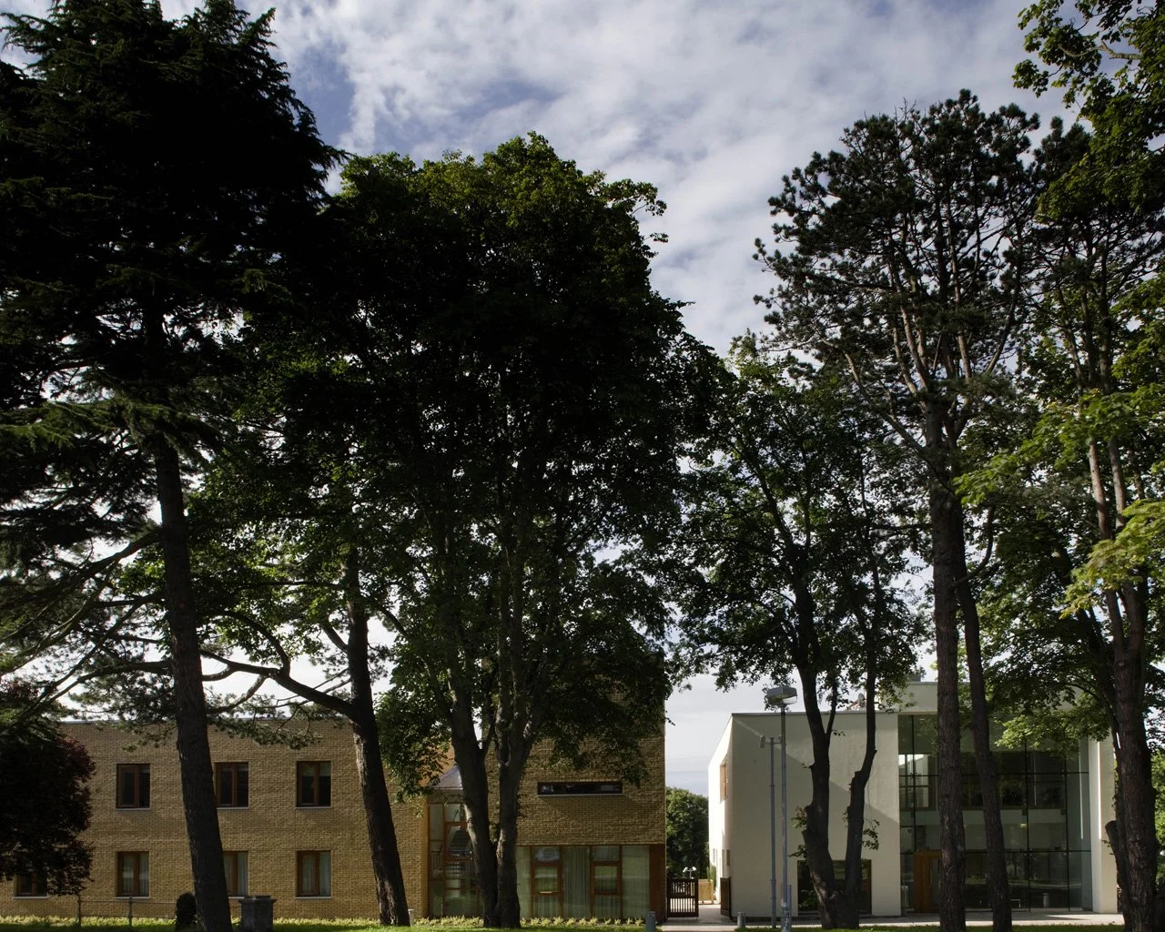 View of a residential area with modern white and brick buildings, surrounded by tall trees and a partly cloudy sky.