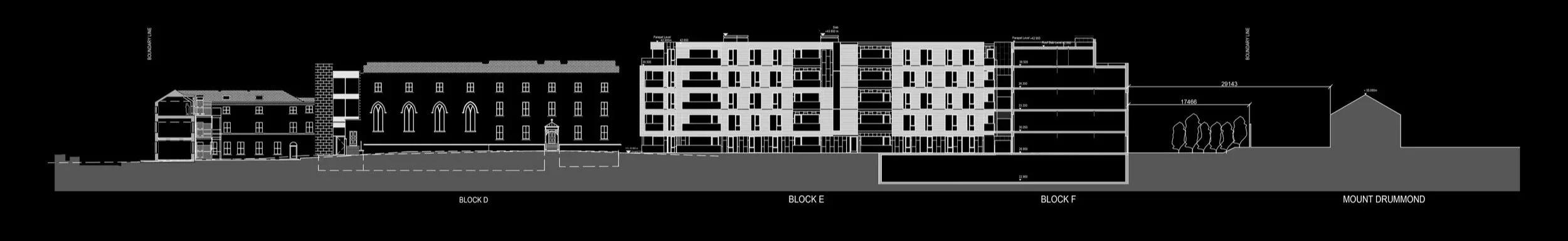 Architectural drawing of a multi-building complex with labeled sections: Block D, Block E, Block F, and Mount Drummond, showing building elevations and measurements.