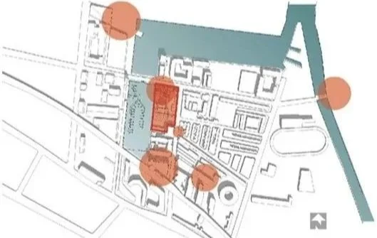 A city map showing buildings, streets, and waterways with four orange-highlighted areas.