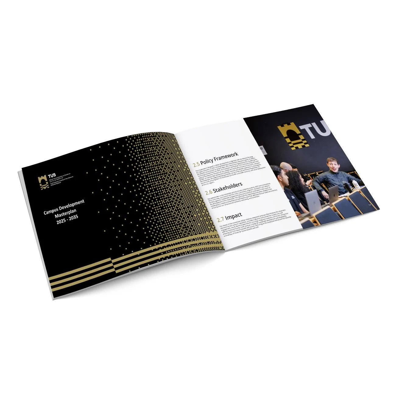 Open booklet titled 'Campus Development Masterplan 2025-2035' with black and gold dotted design on the left page and a photo of a person speaking at a conference with the TUS logo on the wall on the right page.